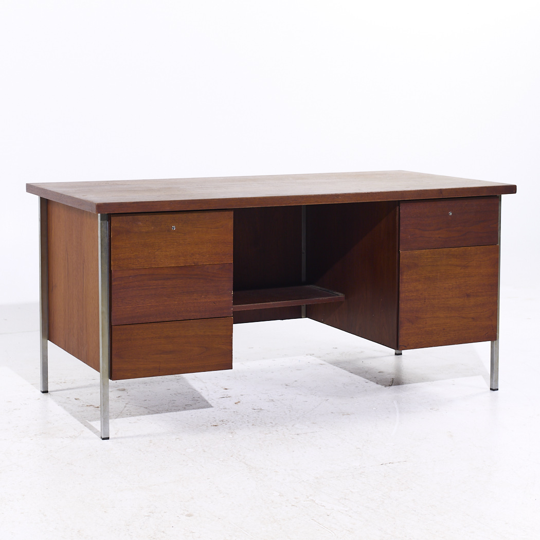 Florence Knoll Mid Century Walnut and Chrome Executive Desk