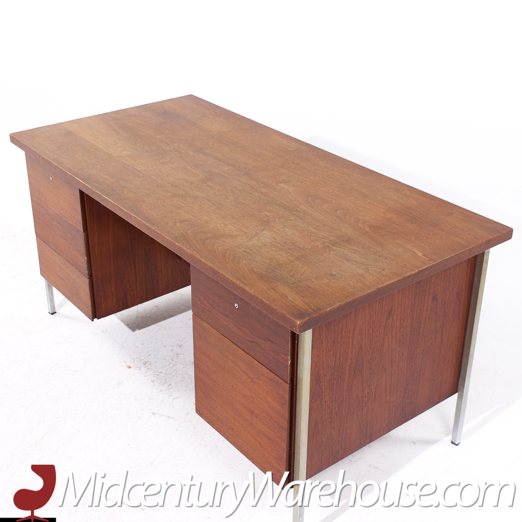 Florence Knoll Mid Century Walnut and Chrome Executive Desk