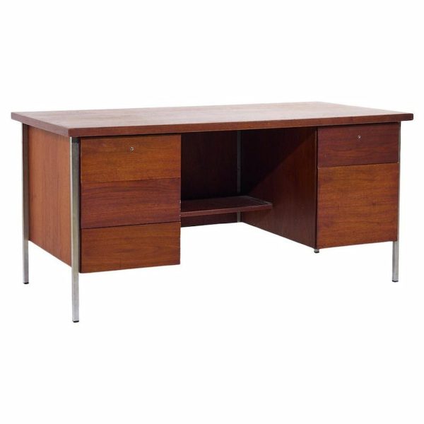 Florence Knoll Mid Century Walnut and Chrome Executive Desk