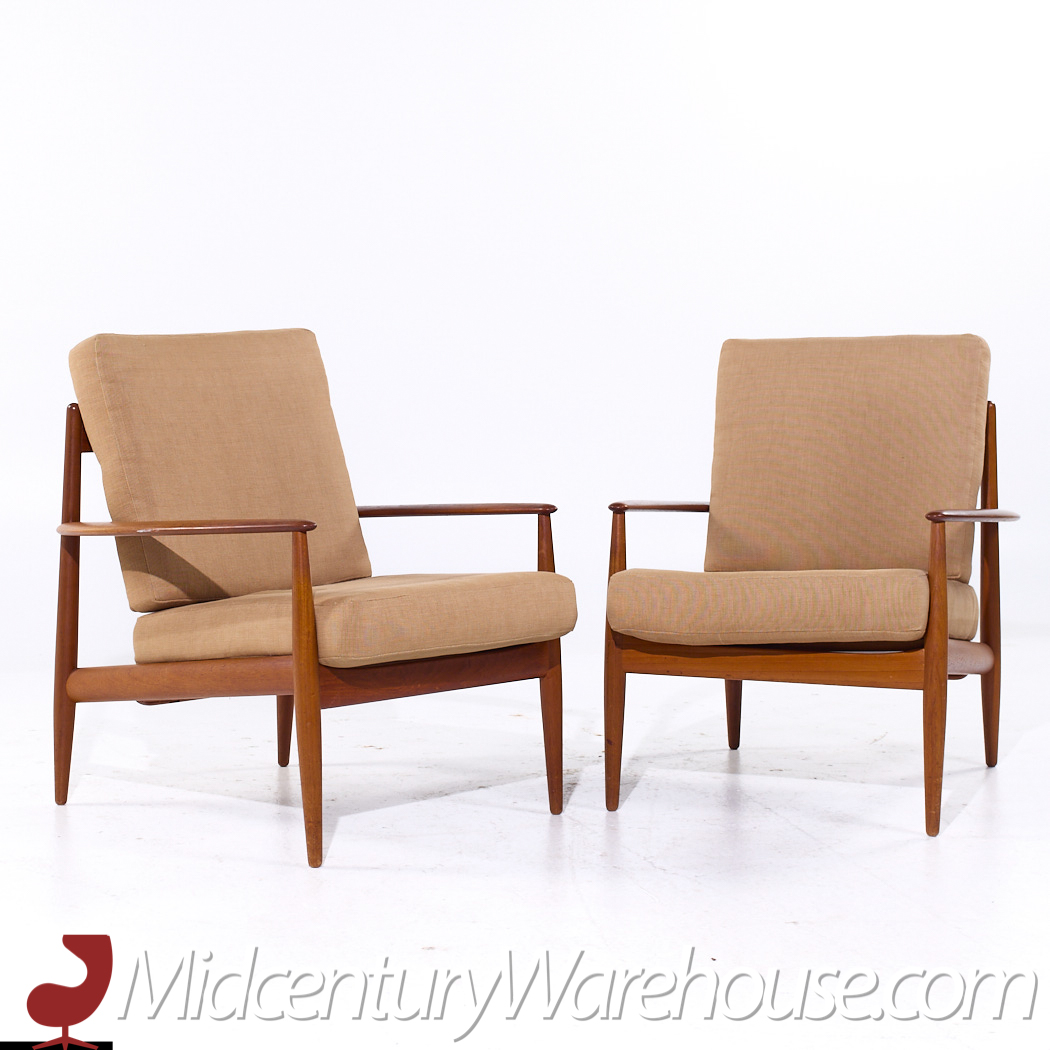 Grete Jalk for France and Son F118 Mid Century Danish Teak Lounge Chairs - Pair