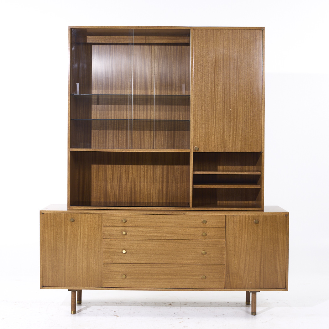 Harvey Probber Mid Century Mahogany and Brass Credenza and Hutch