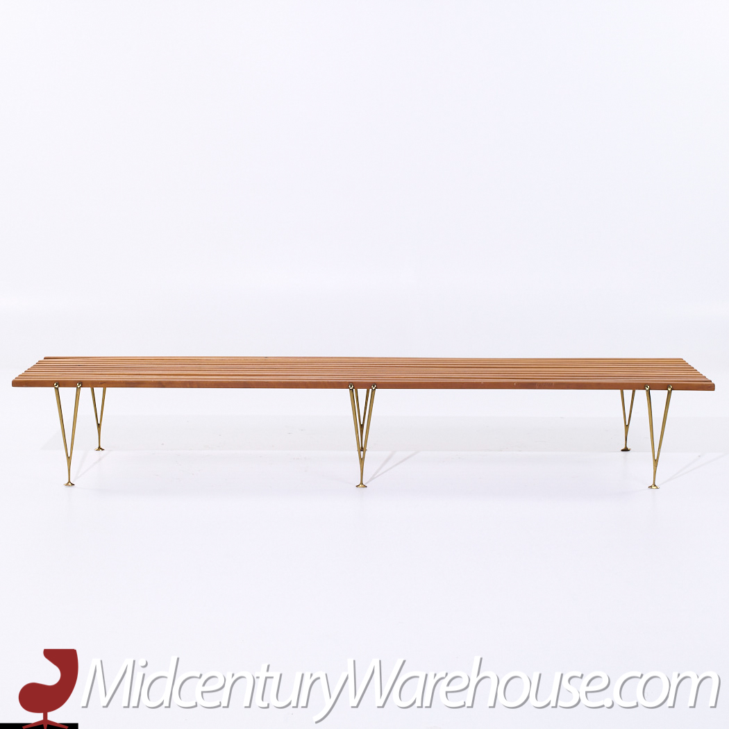 Hugh Acton Mid Century Walnut and Brass Slat Bench