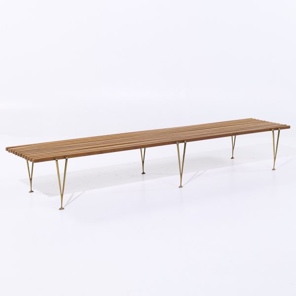 Hugh Acton Mid Century Walnut and Brass Slat Bench