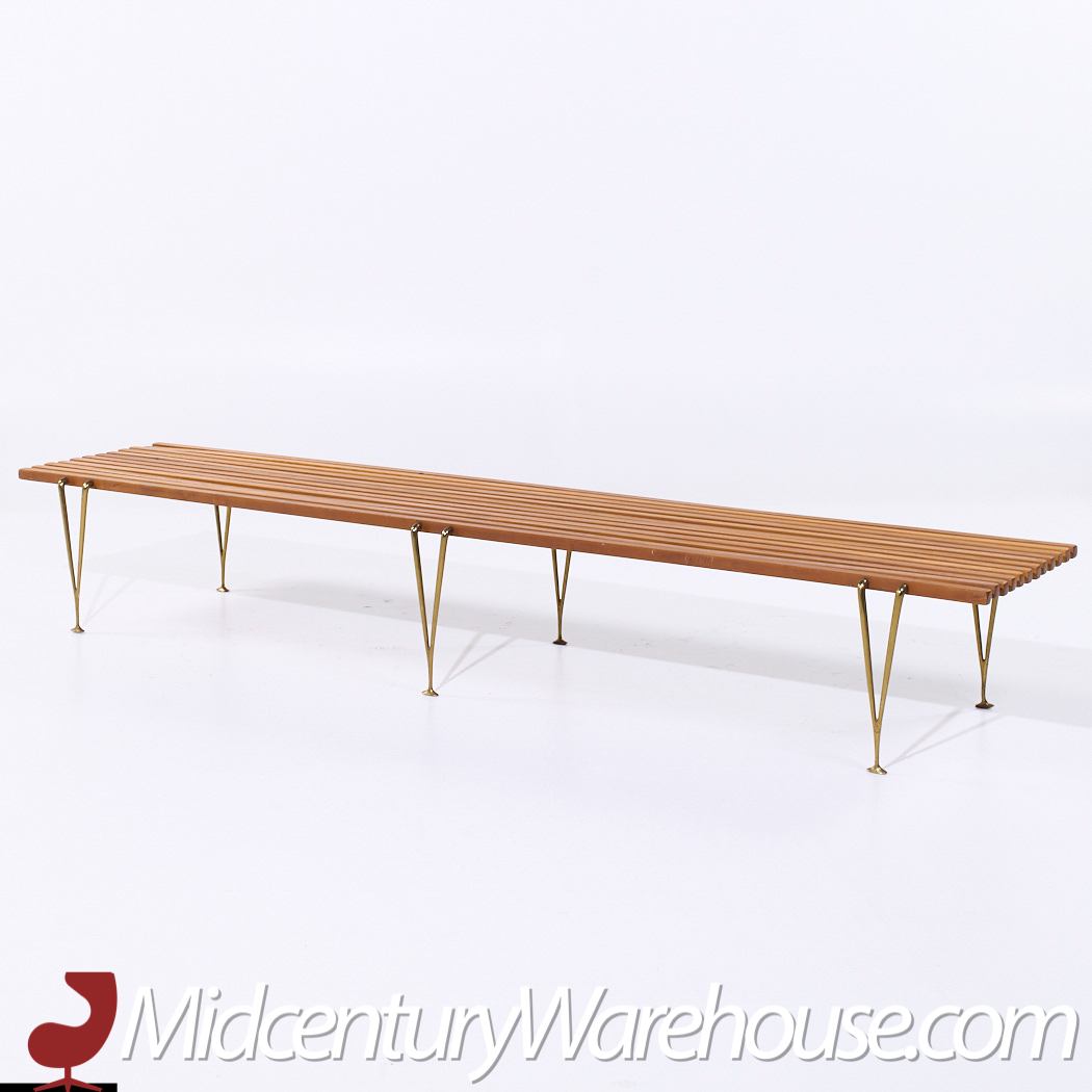 Hugh Acton Mid Century Walnut and Brass Slat Bench