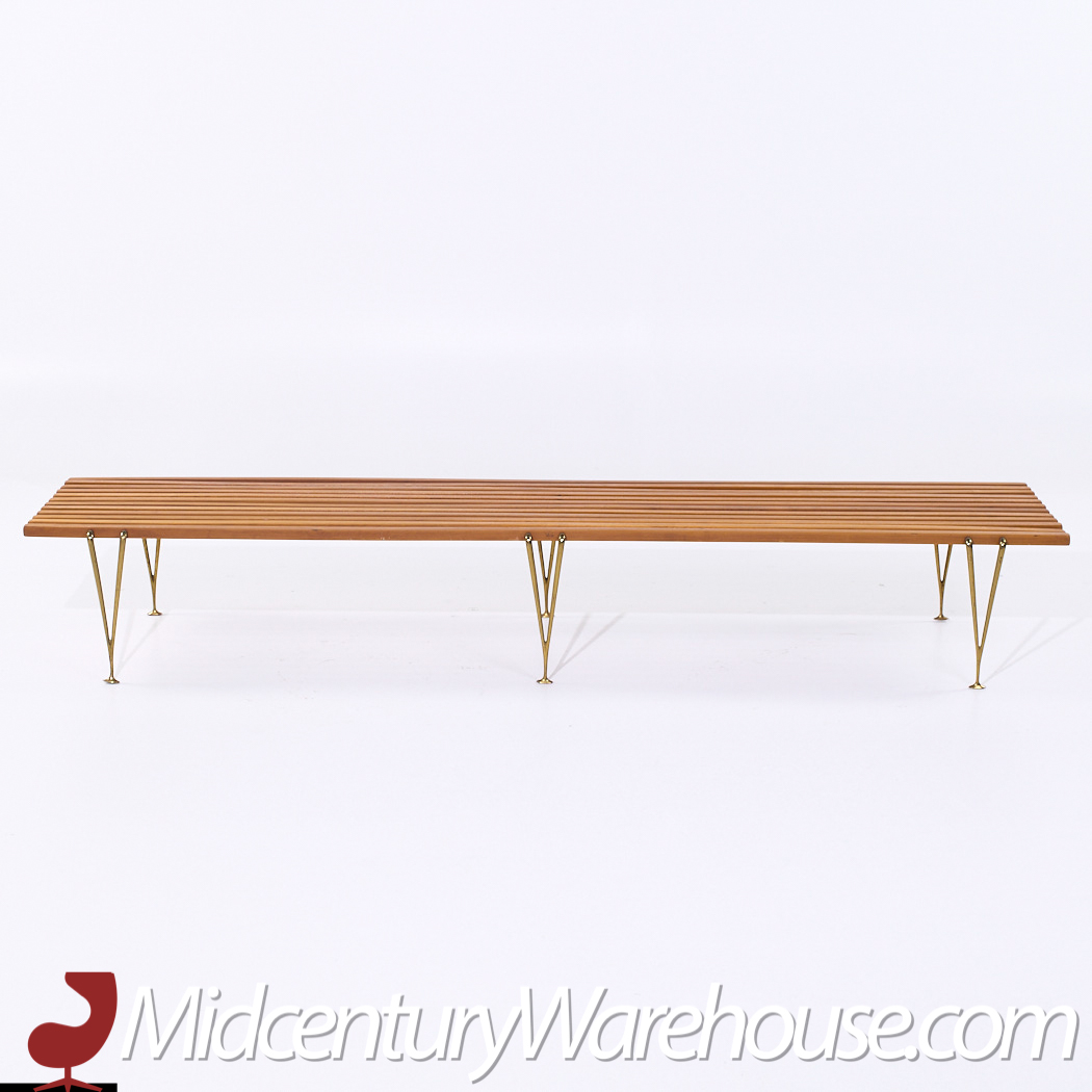 Hugh Acton Mid Century Walnut and Brass Slat Bench