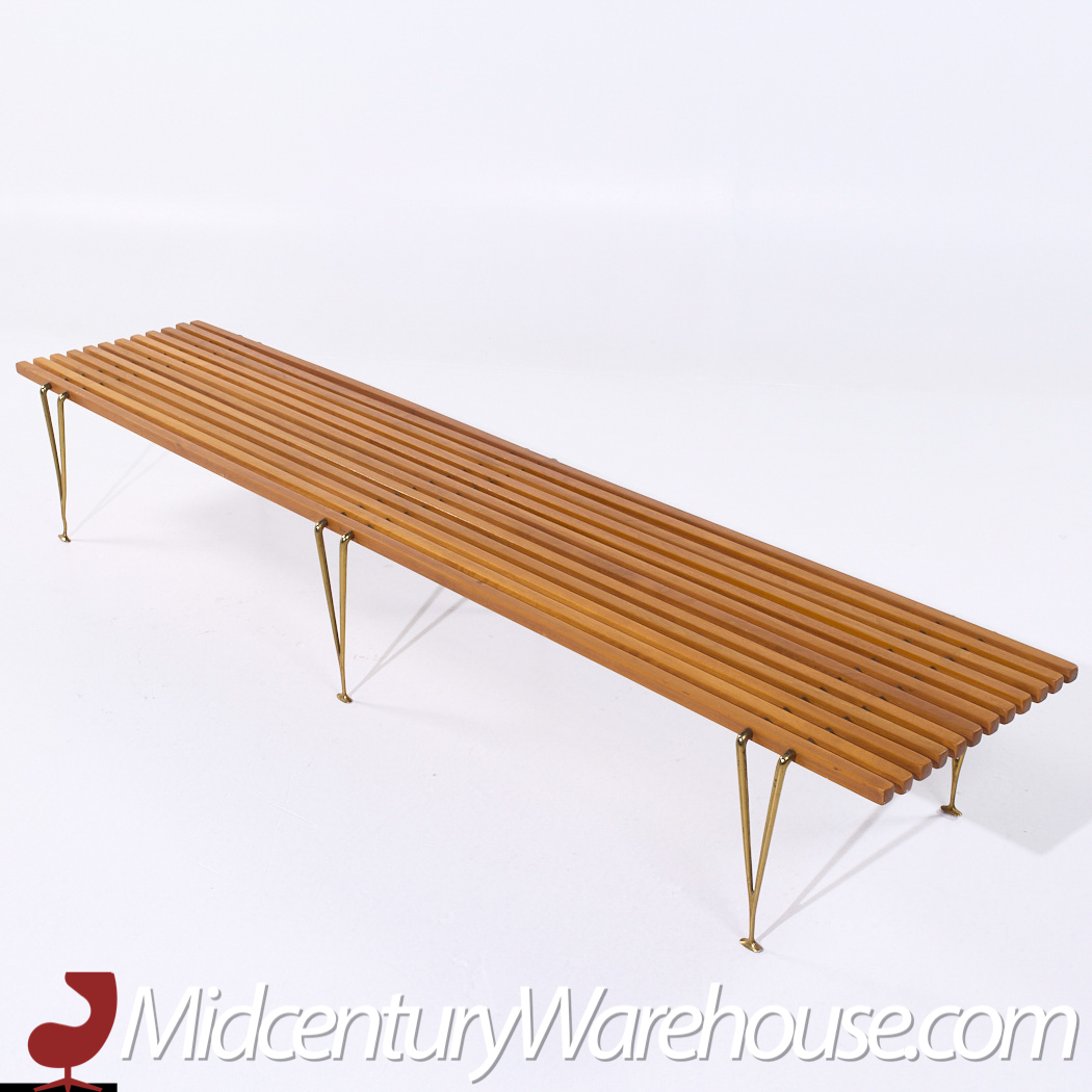 Hugh Acton Mid Century Walnut and Brass Slat Bench