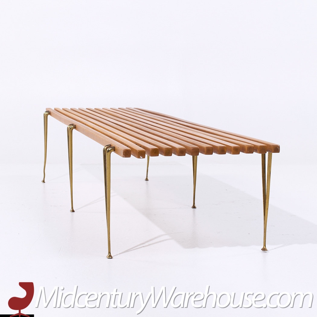 Hugh Acton Mid Century Walnut and Brass Slat Bench