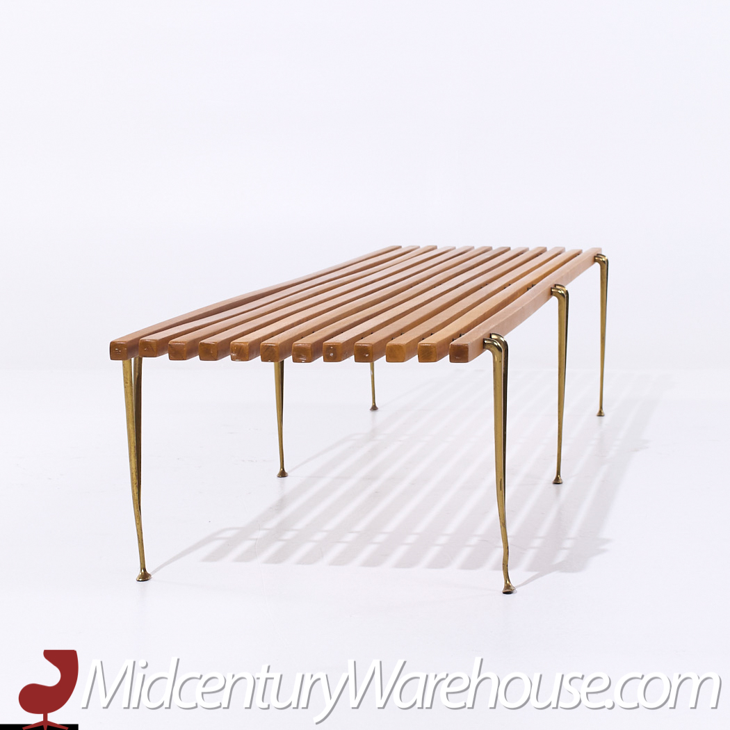 Hugh Acton Mid Century Walnut and Brass Slat Bench