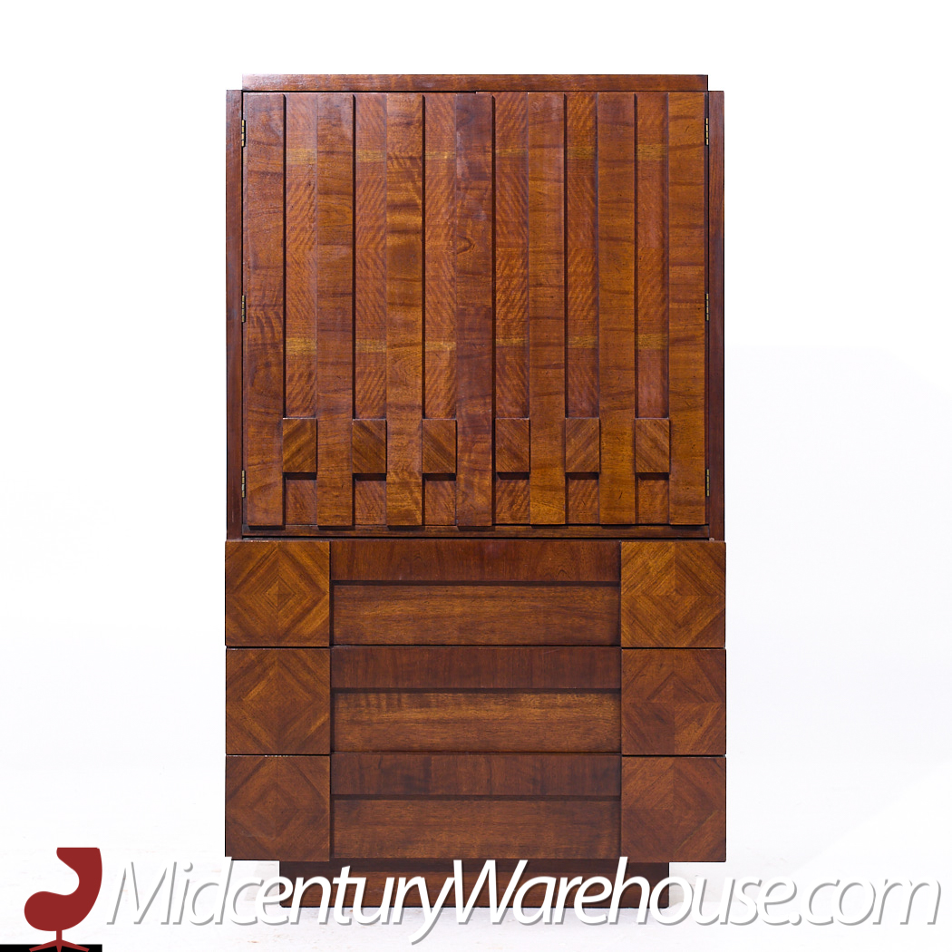 Lane Brutalist Mid Century Walnut Highboy Armoire Dresser