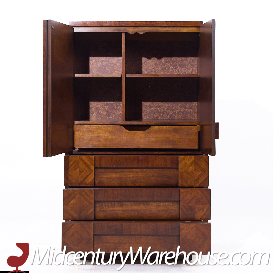 Lane Brutalist Mid Century Walnut Highboy Armoire Dresser