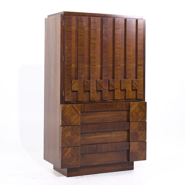 Lane Brutalist Mid Century Walnut Highboy Armoire Dresser