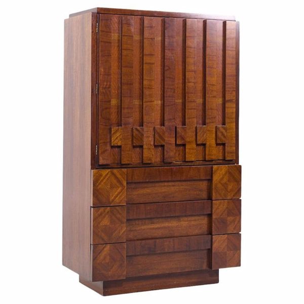 Lane Brutalist Mid Century Walnut Highboy Armoire Dresser