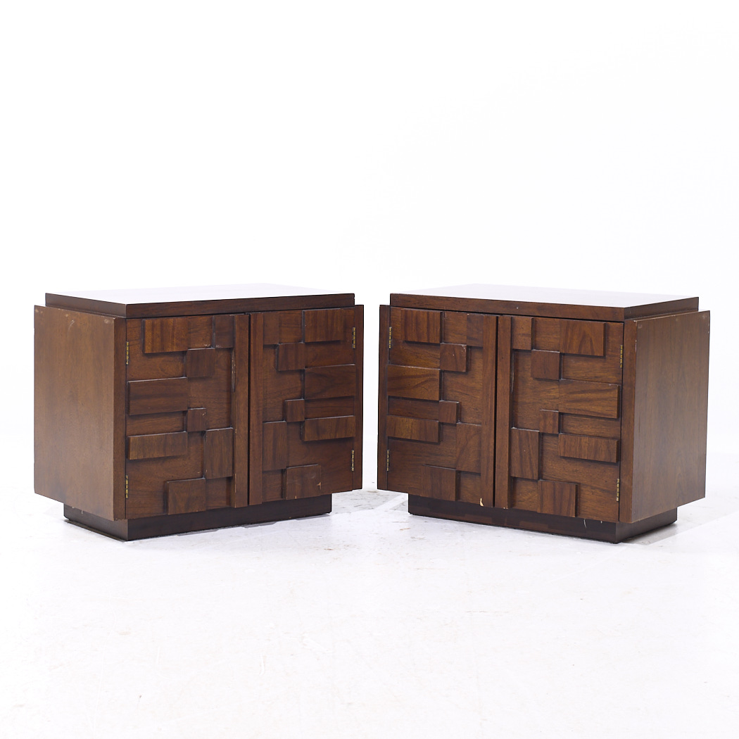 Lane Staccato Mid Century Brutalist Walnut Nightstands - Pair