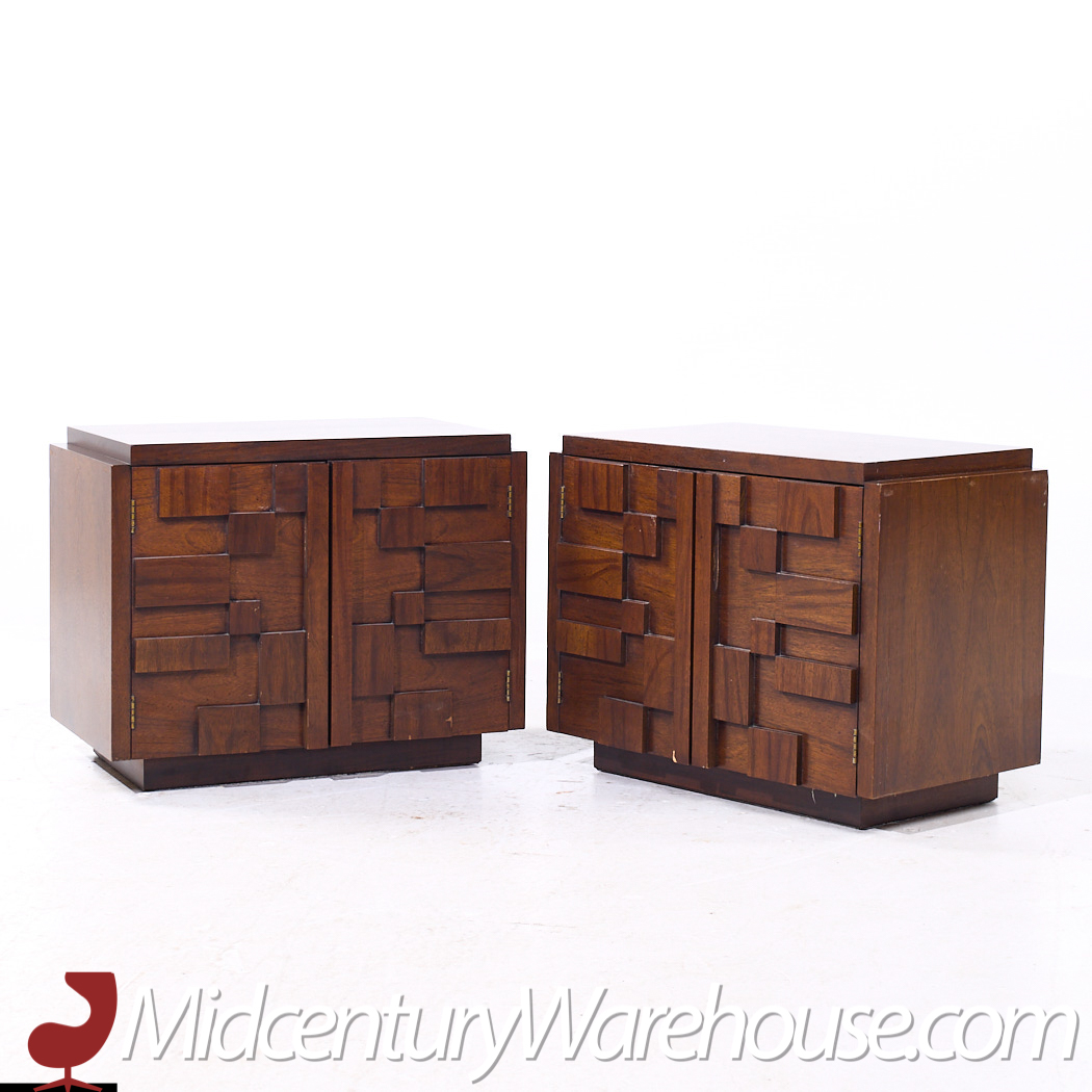 Lane Staccato Mid Century Brutalist Walnut Nightstands - Pair