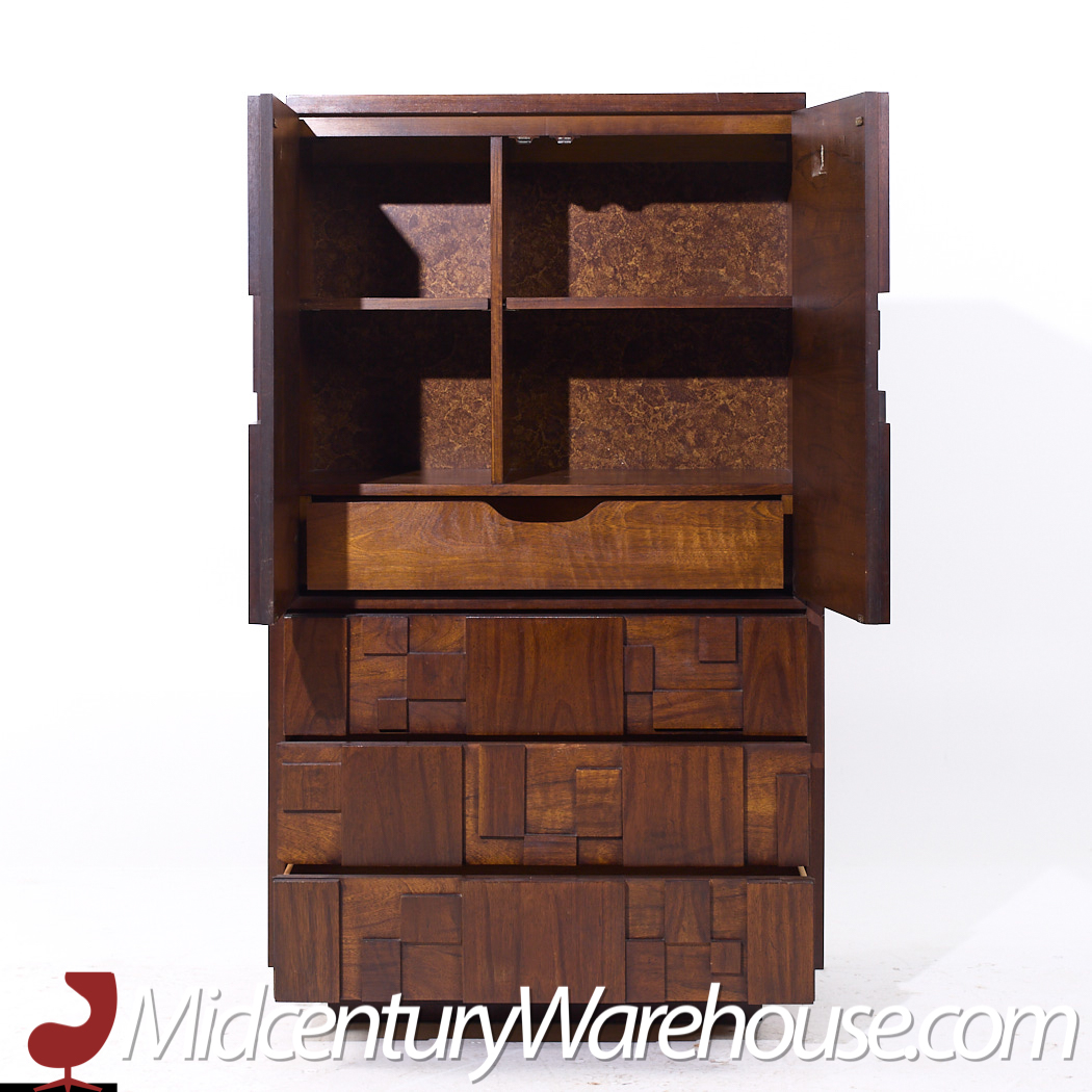 Lane Staccato Mid Century Walnut Brutalist Highboy Armoire