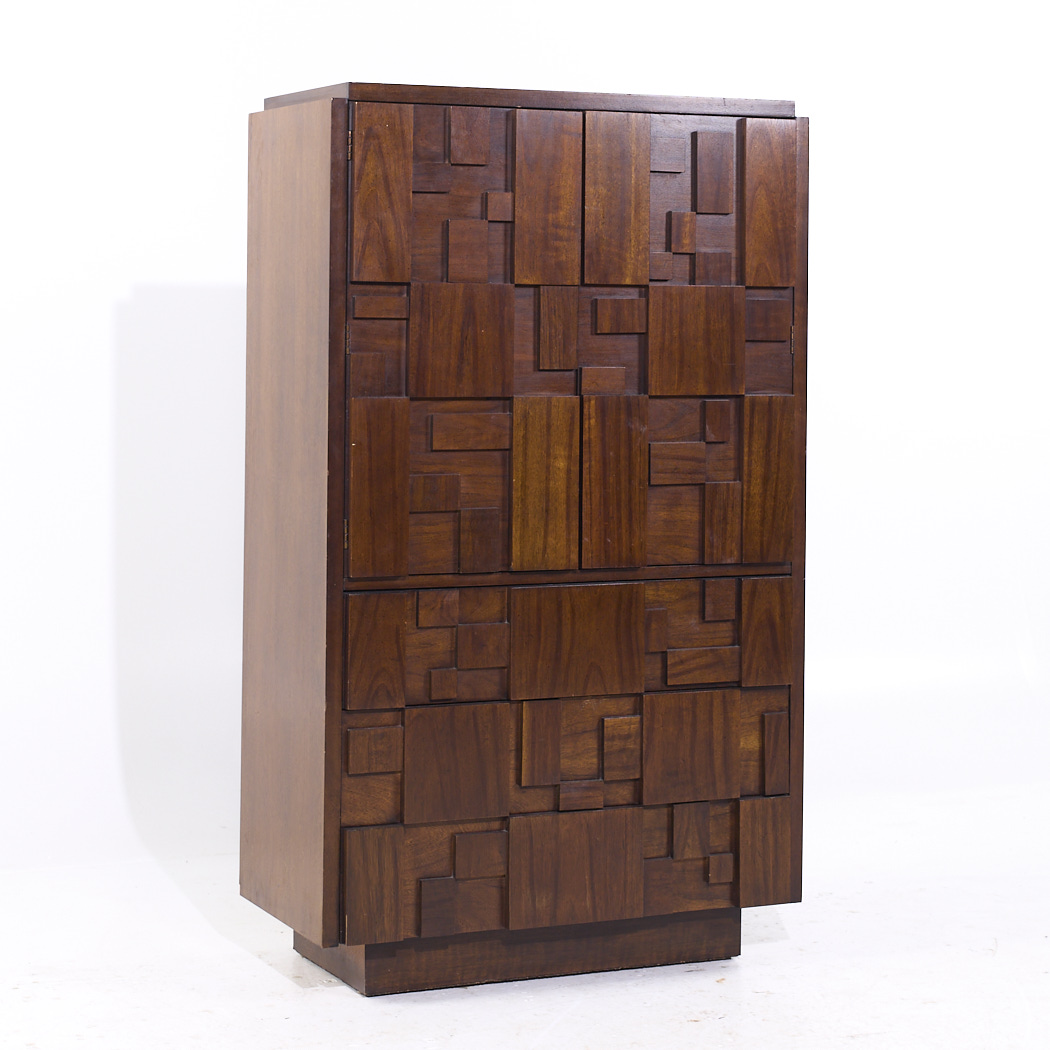 Lane Staccato Mid Century Walnut Brutalist Highboy Armoire