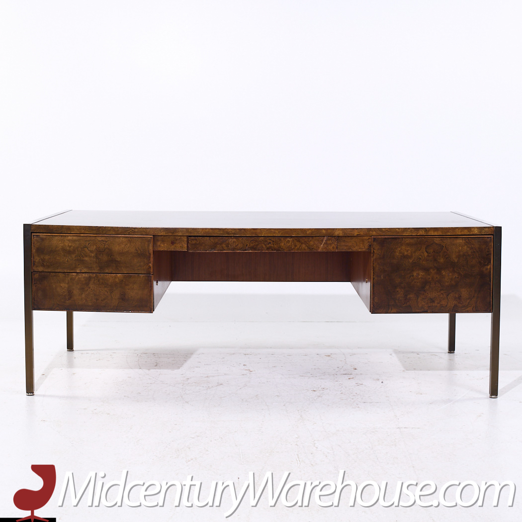 Mastercraft Style Mid Century Burlwood and Brass Excutive Desk