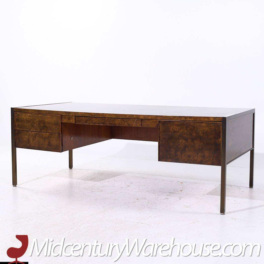 Mastercraft Style Mid Century Burlwood and Brass Excutive Desk