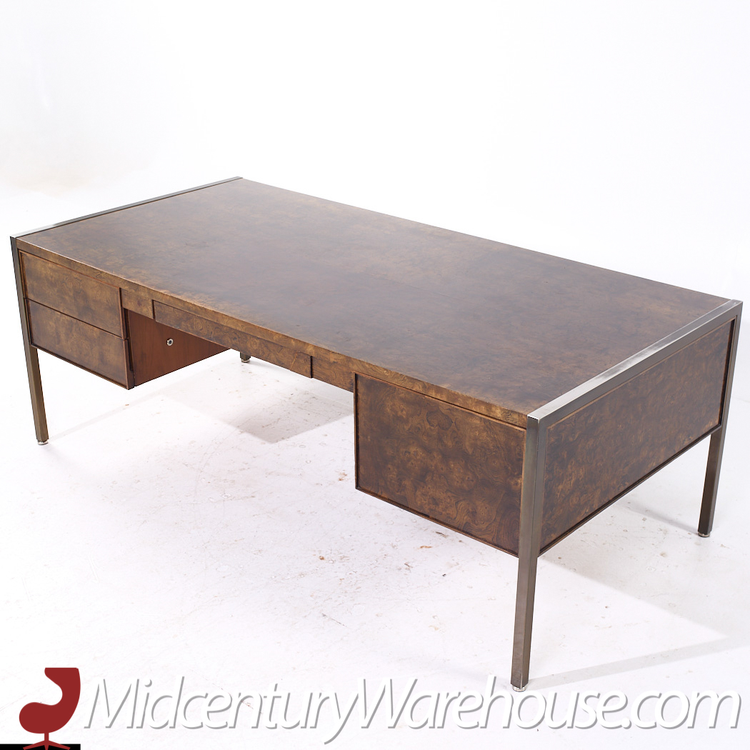 Mastercraft Style Mid Century Burlwood and Brass Excutive Desk