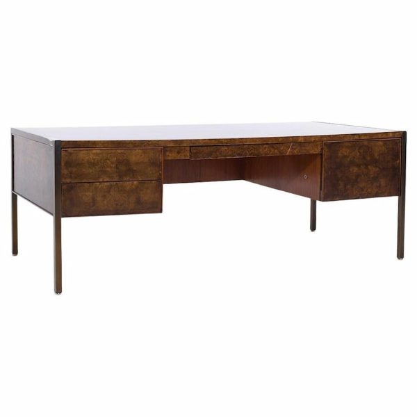 Mastercraft Style Mid Century Burlwood and Brass Executive Desk