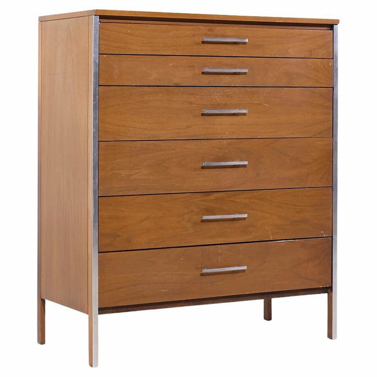 Paul Mccobb for Calvin Linear Mid Century Walnut and Aluminum Highboy Dresser