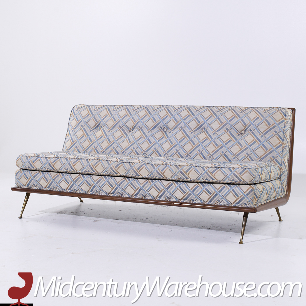 Robsjohn Gibbings for Widdicomb Model 1727 Mid Century Mid Century Walnut and Brass Sofa