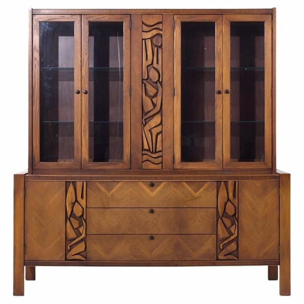 united mid century tiki walnut credenza and hutch