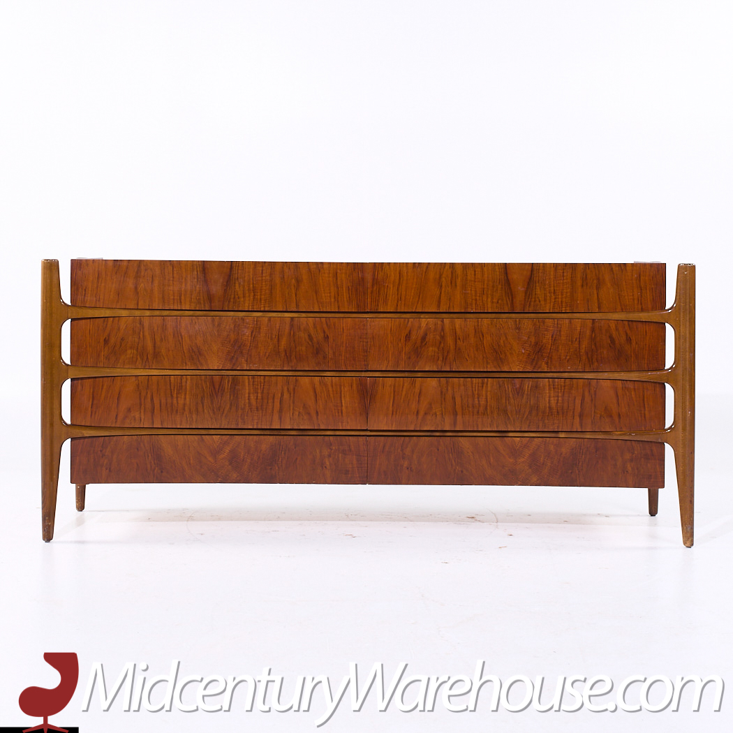 William Hinn Mid Century Walnut Curved Front Lowboy Dresser