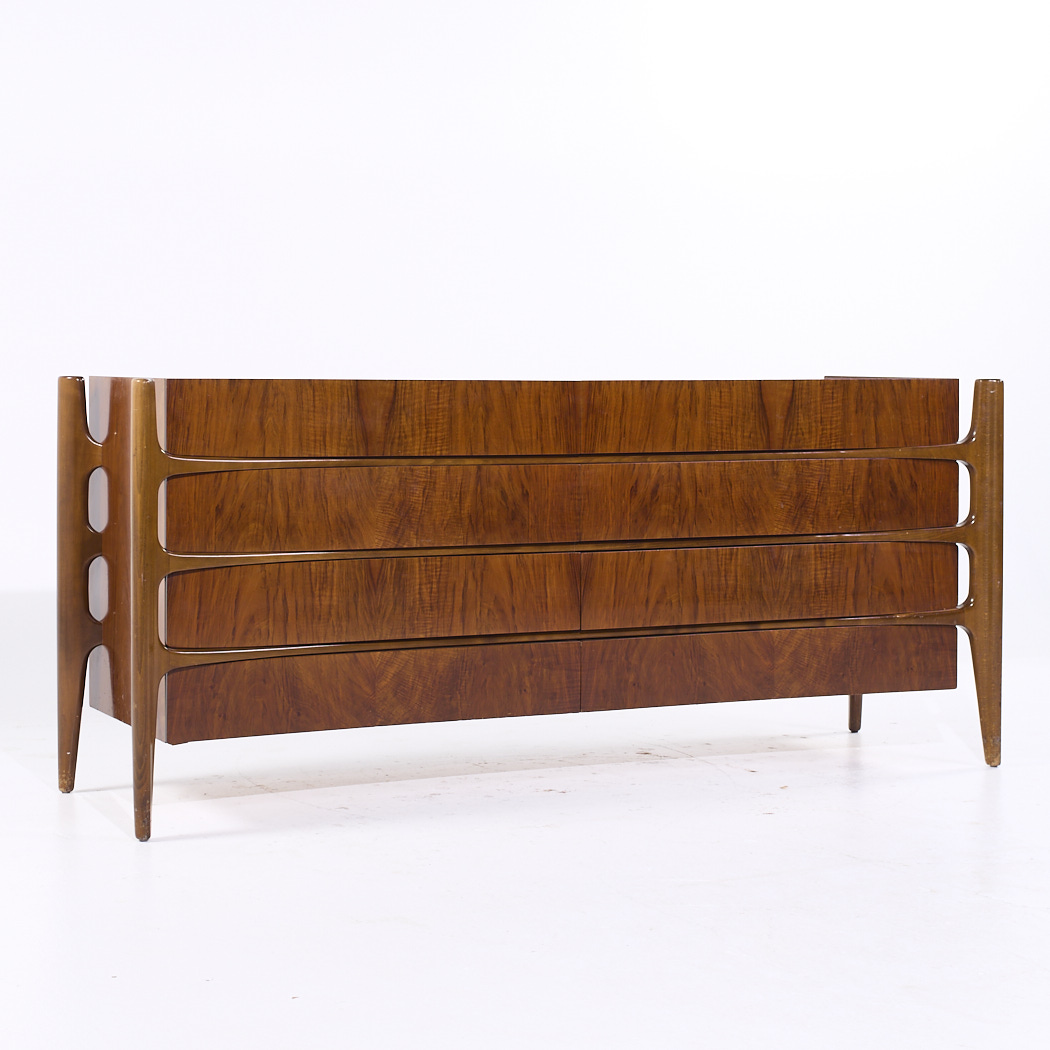 William Hinn Mid Century Walnut Curved Front Lowboy Dresser