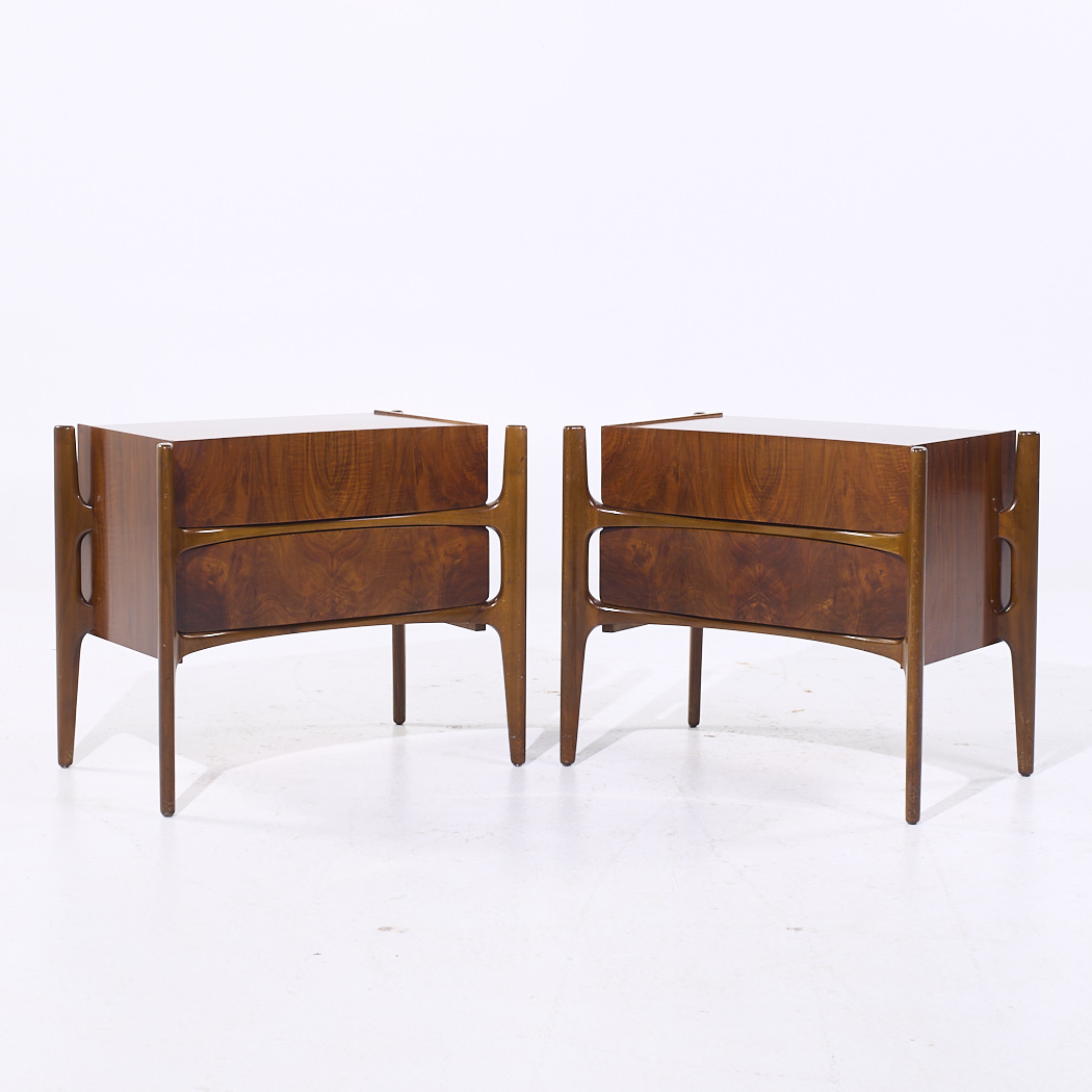 William Hinn Mid Century Walnut Curved Front Nightstands - Pair