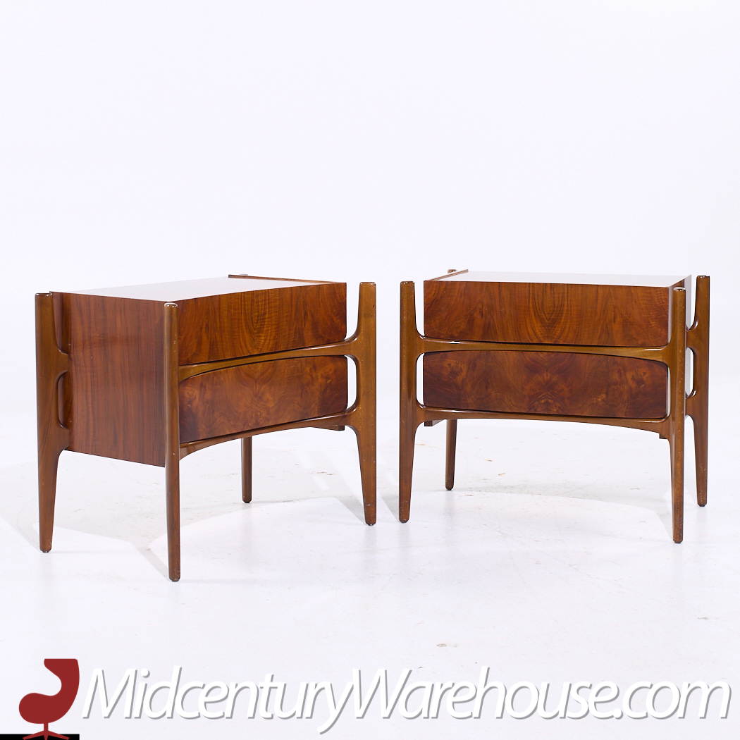 William Hinn Mid Century Walnut Curved Front Nightstands - Pair