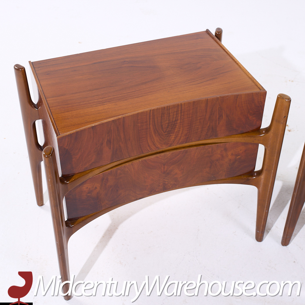 William Hinn Mid Century Walnut Curved Front Nightstands - Pair