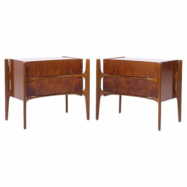 william hinn mid century walnut curved front nightstands - pair