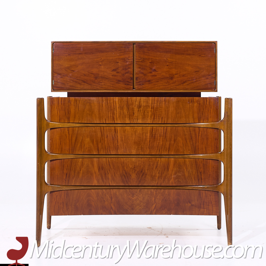 William Hinn Walnut Curved Front Highboy Dresser