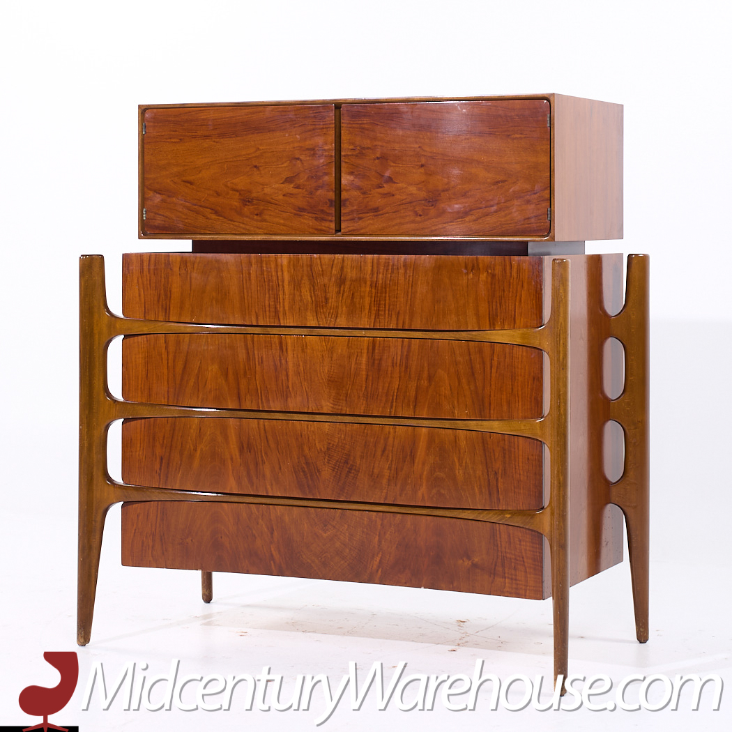 William Hinn Walnut Curved Front Highboy Dresser