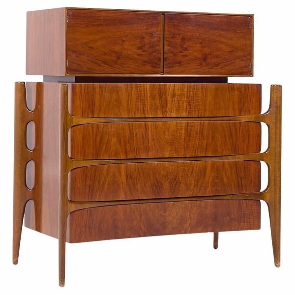 William Hinn Walnut Curved Front Highboy Dresser