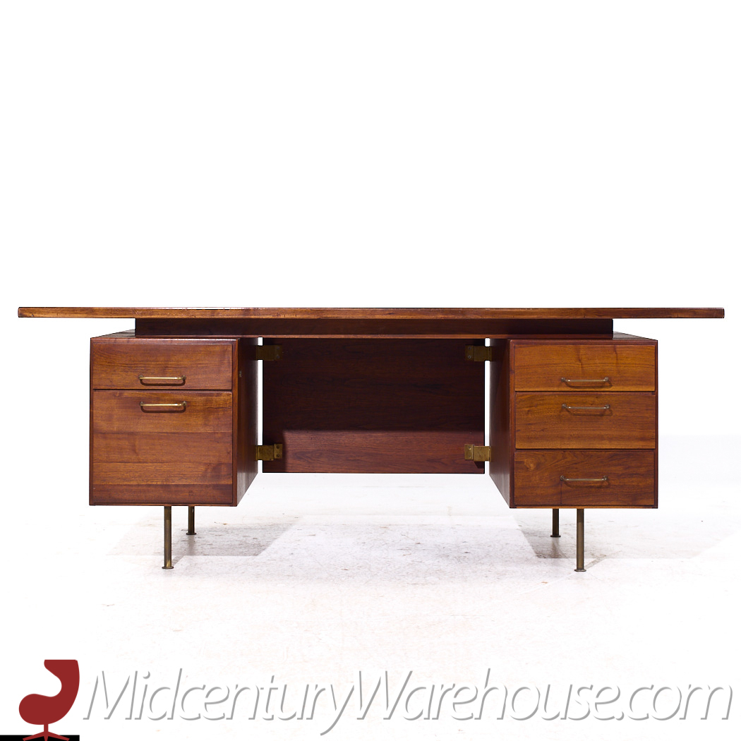 Jens Risom Mid Century Walnut and Brass Executive Desk