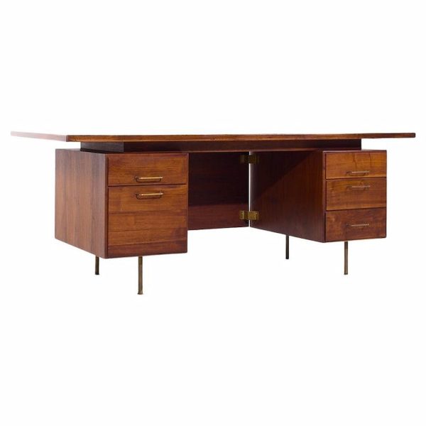 Jens Risom Mid Century Walnut and Brass Executive Desk