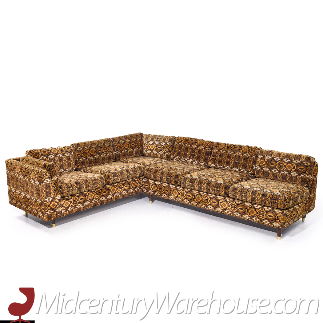 Milo Baughman Style Mid Century Walnut Sectional Sofa