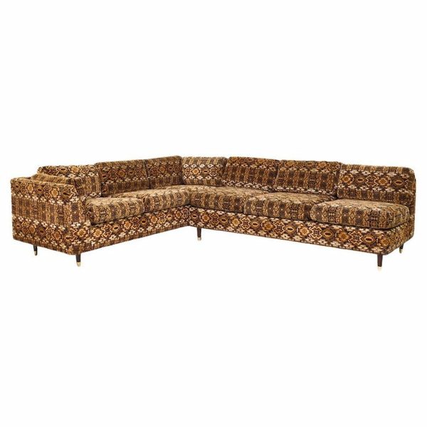 Milo Baughman Style Mid Century Walnut Sectional Sofa