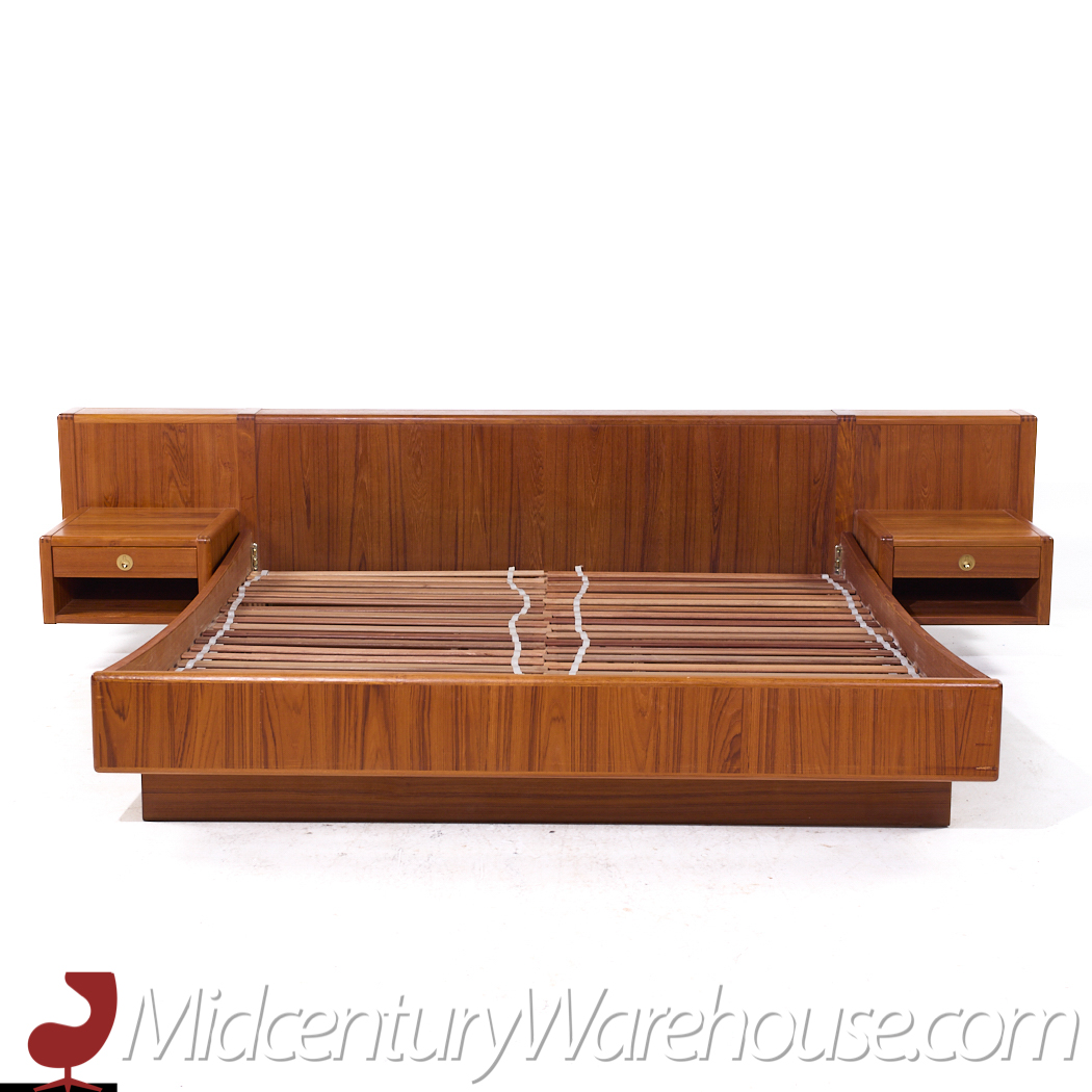 D-scan Mid Century Danish Teak and Brass King Platform Bed with Floating Nightstands
