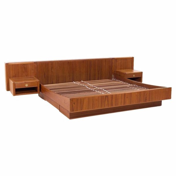 D Scan Mid Century Danish Teak and Brass King Platform Bed with Floating Nightstands