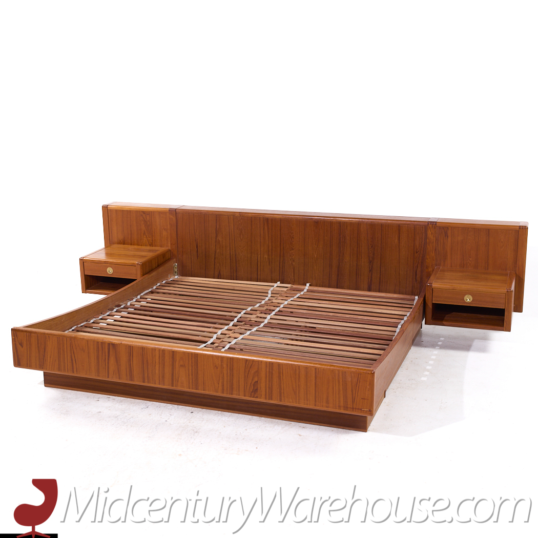 D-scan Mid Century Danish Teak and Brass King Platform Bed with Floating Nightstands