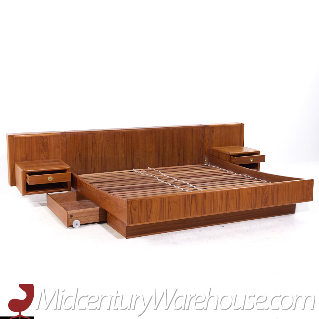 D-scan Mid Century Danish Teak and Brass King Platform Bed with Floating Nightstands