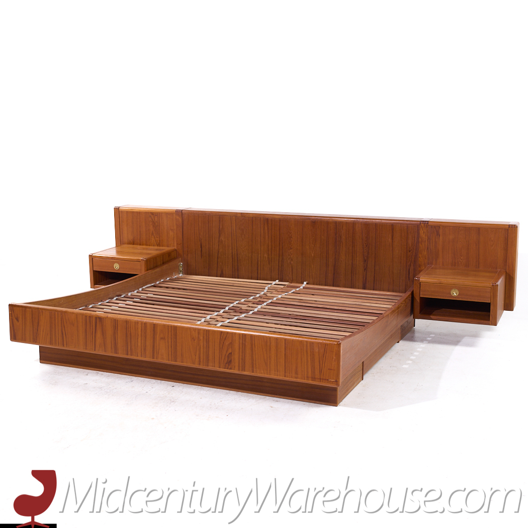 D-scan Mid Century Danish Teak and Brass King Platform Bed with Floating Nightstands