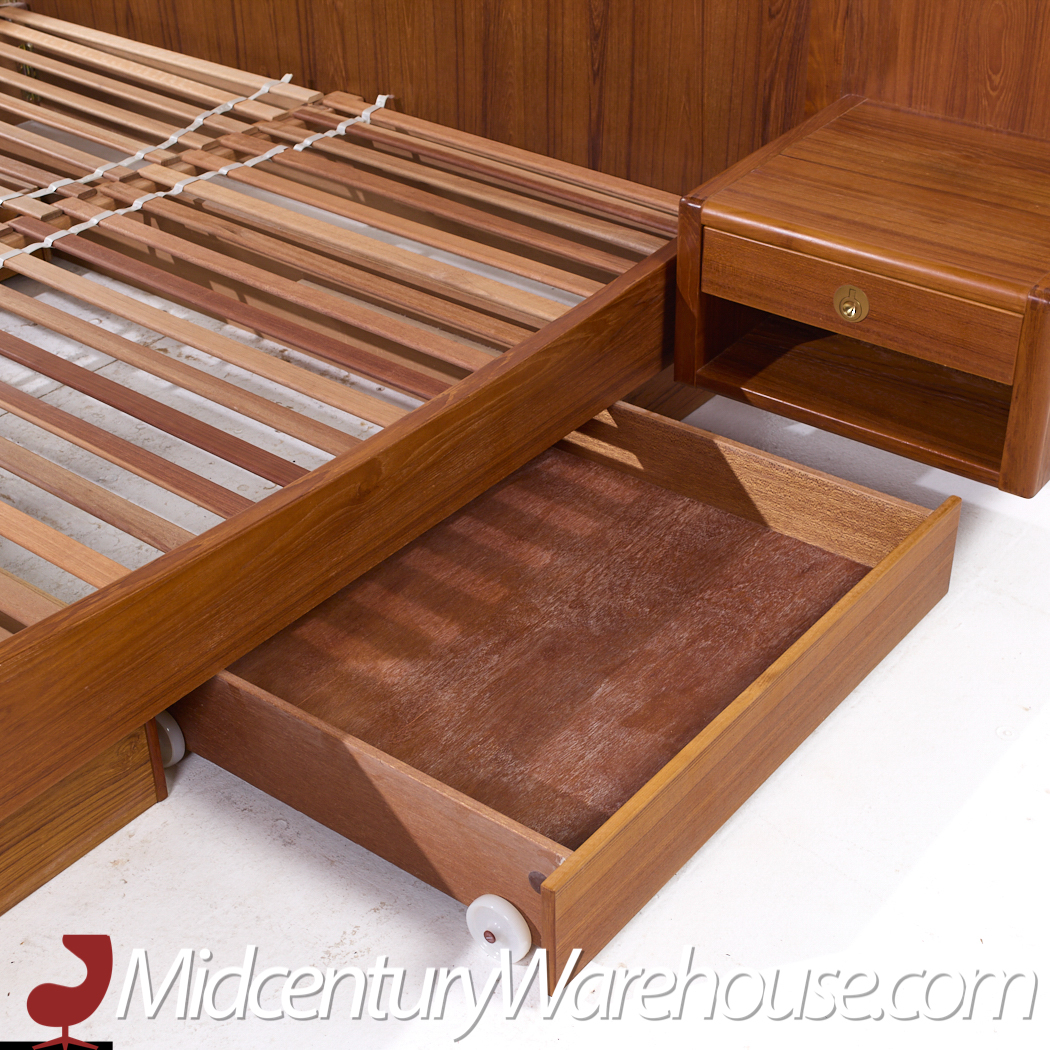 D-scan Mid Century Danish Teak and Brass King Platform Bed with Floating Nightstands