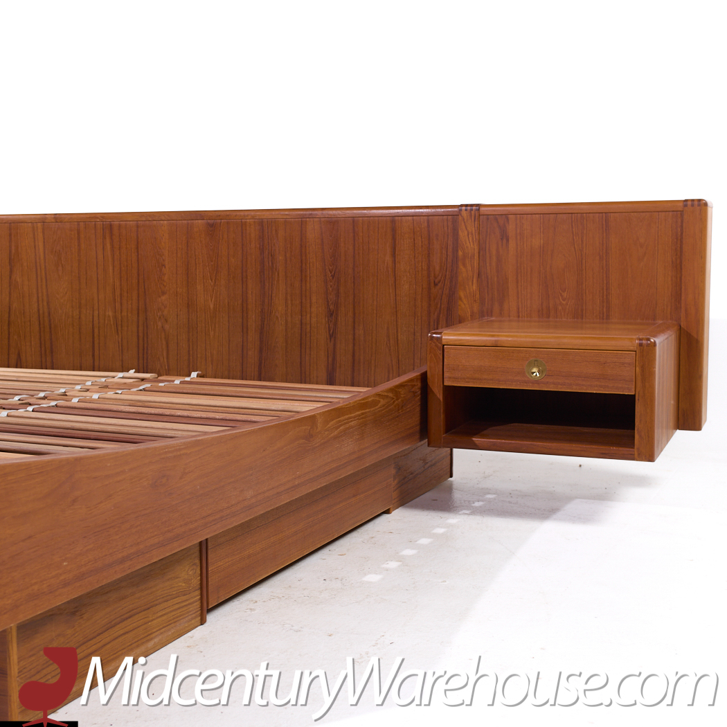 D-scan Mid Century Danish Teak and Brass King Platform Bed with Floating Nightstands