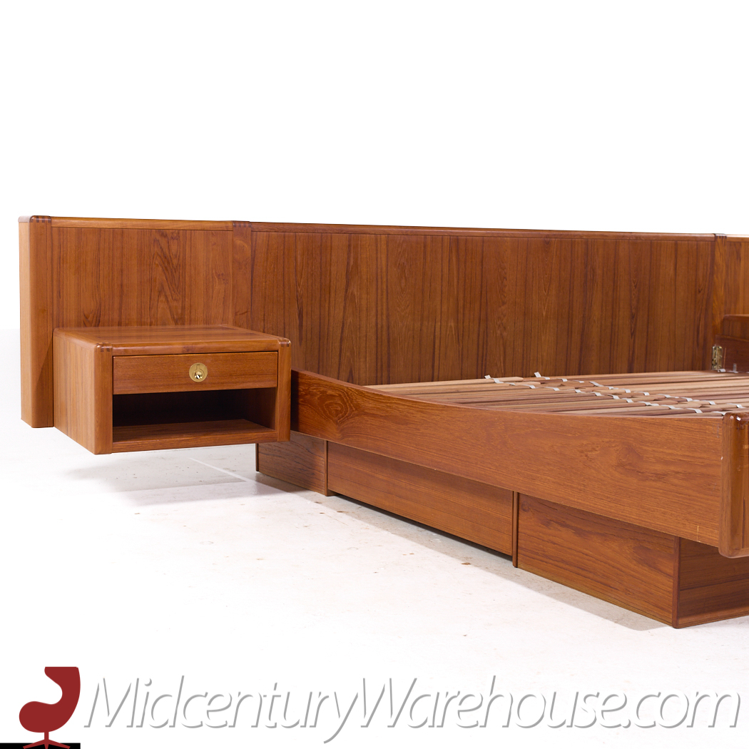 D-scan Mid Century Danish Teak and Brass King Platform Bed with Floating Nightstands