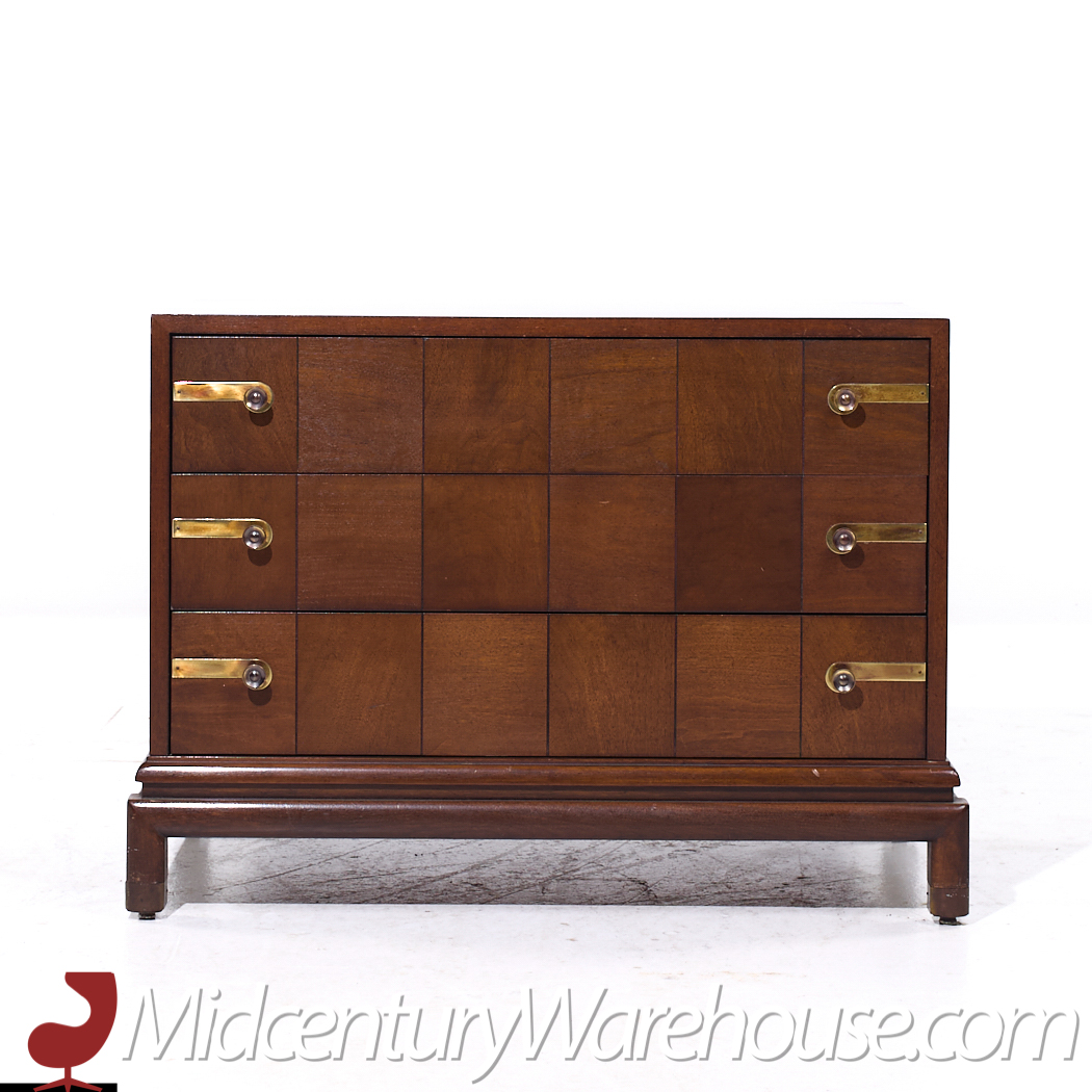 Johnson Furniture Mid Century Walnut and Brass Dresser Chest of Drawers