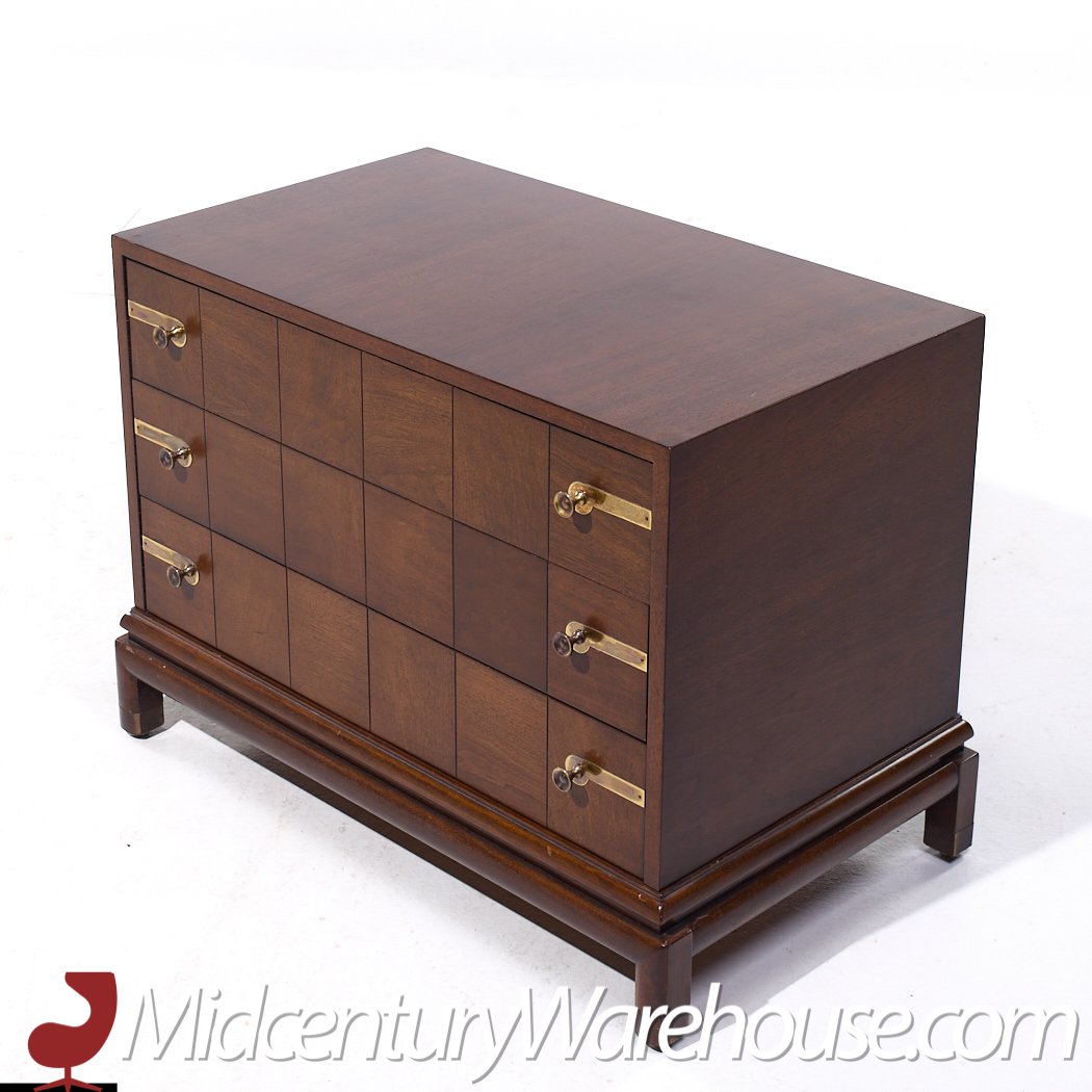 Johnson Furniture Mid Century Walnut and Brass Dresser Chest of Drawers
